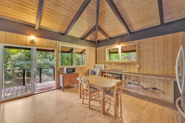 dining area with light wood-type flooring, wooden ceiling, sink, and wood walls