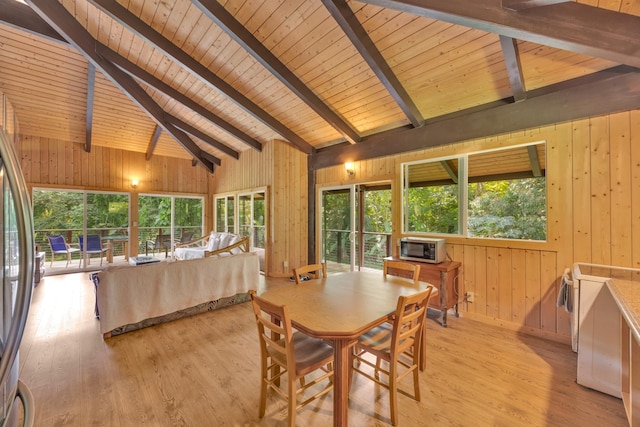 dining room with wood ceiling, light hardwood / wood-style flooring, beamed ceiling, and wood walls