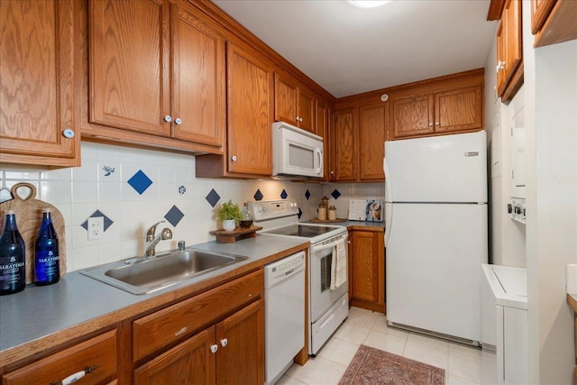 4327 Lower Honoapiilani Rd Unit 801, Lahaina, HI 96761 - kitchen with white appliances, tasteful backsplash, brown cabinets, and light tile patterned flooring