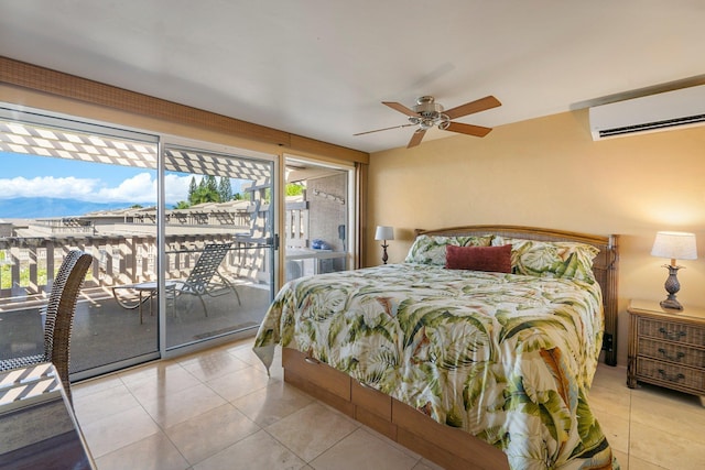 tiled bedroom with ceiling fan, access to outside, and a wall mounted AC