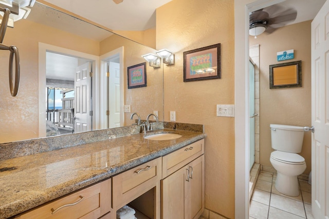 bathroom featuring tile patterned floors, vanity, toilet, and ceiling fan