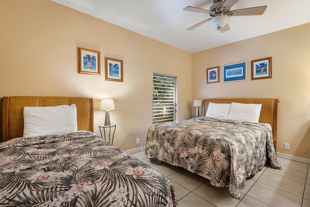 bedroom featuring ceiling fan and light tile patterned floors