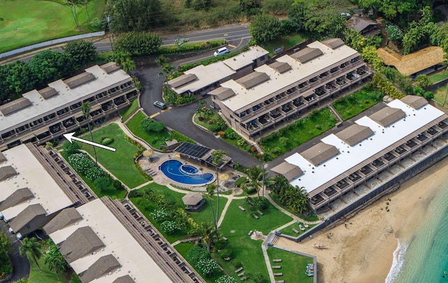 bird's eye view with a water view