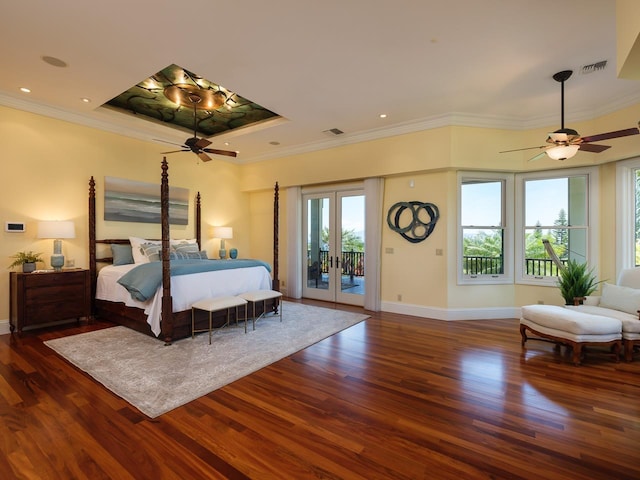 bedroom with access to outside, french doors, crown molding, ceiling fan, and dark hardwood / wood-style flooring