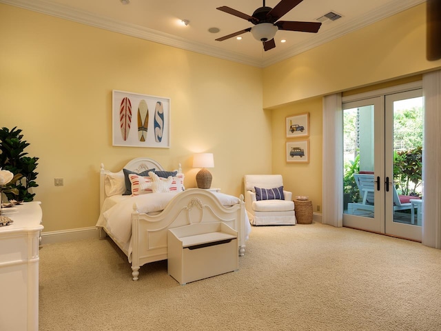 carpeted bedroom featuring ceiling fan, ornamental molding, access to outside, and french doors