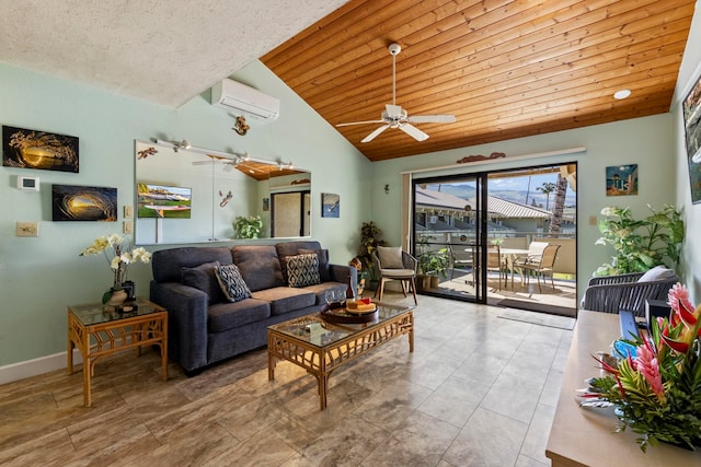 tiled living room with wooden ceiling, an AC wall unit, ceiling fan, and high vaulted ceiling