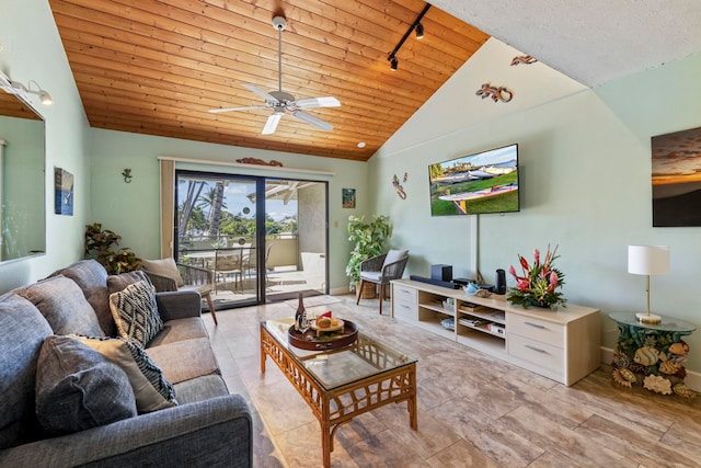 living room with high vaulted ceiling, ceiling fan, track lighting, and wooden ceiling