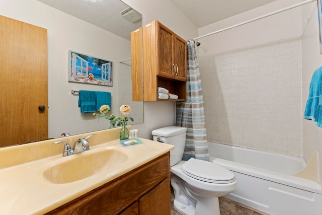 full bathroom featuring vanity, toilet, tile patterned floors, and shower / bath combination with curtain