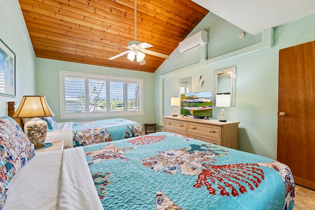 bedroom with ceiling fan, wood ceiling, vaulted ceiling, and a wall unit AC