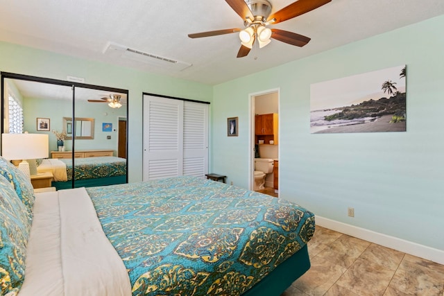 tiled bedroom featuring a closet, connected bathroom, and ceiling fan