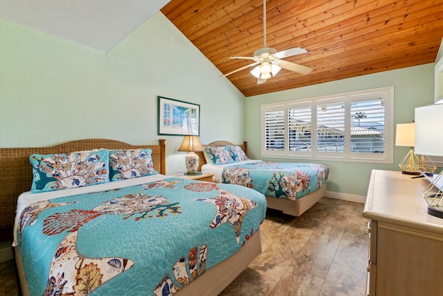 tiled bedroom featuring high vaulted ceiling, ceiling fan, and wooden ceiling