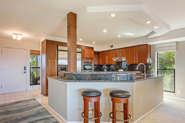 kitchen featuring backsplash, dark stone countertops, plenty of natural light, and stainless steel appliances