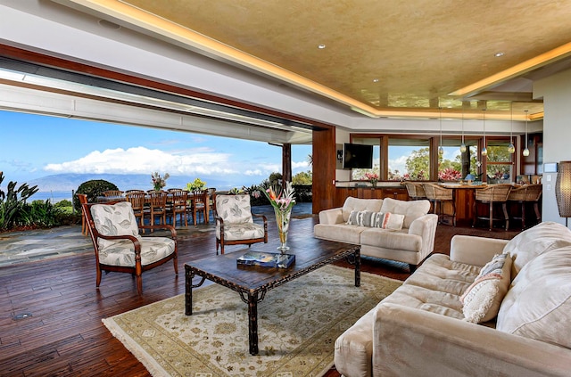 living room with a tray ceiling and dark wood-type flooring