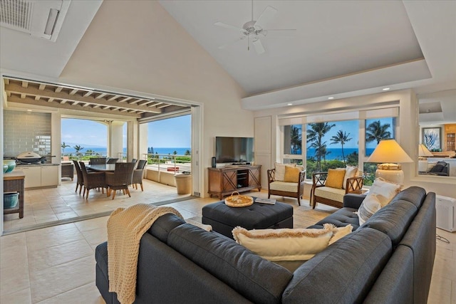 living room featuring high vaulted ceiling and ceiling fan