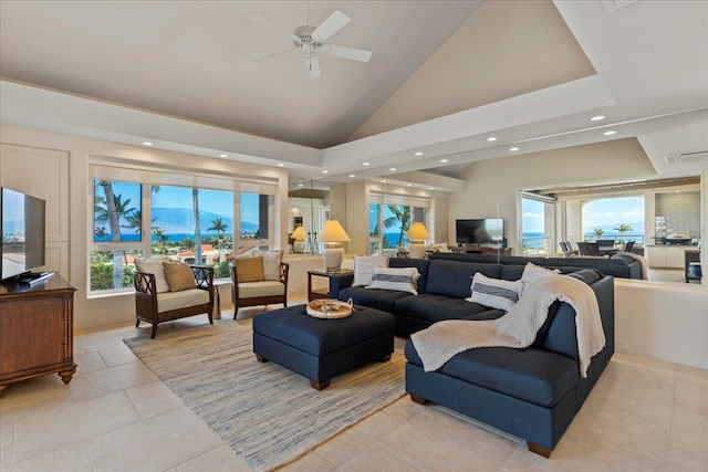 living room with light tile patterned flooring, high vaulted ceiling, and ceiling fan