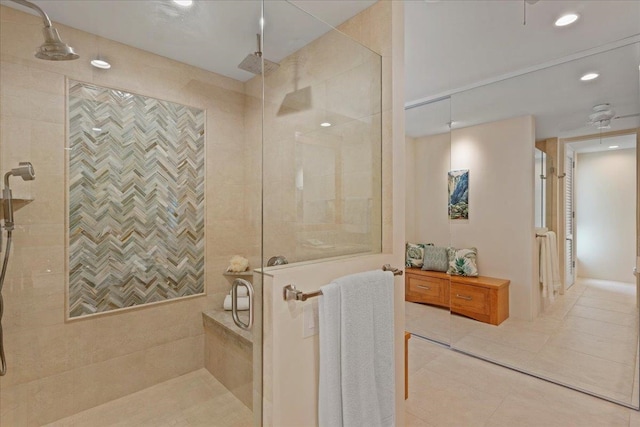 bathroom featuring tile patterned flooring and a shower with door