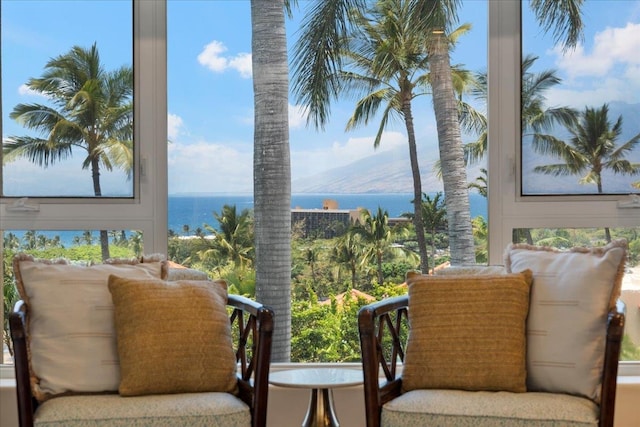 sunroom with a water view and a wealth of natural light