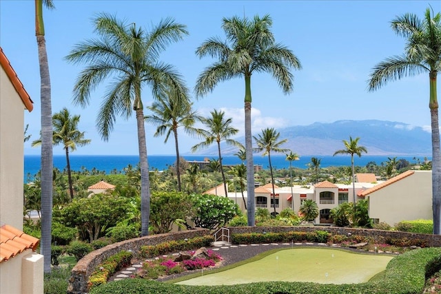 surrounding community with a water and mountain view