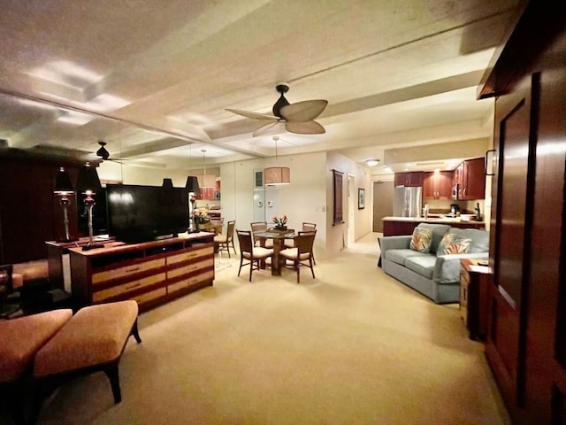 living room featuring light carpet and ceiling fan