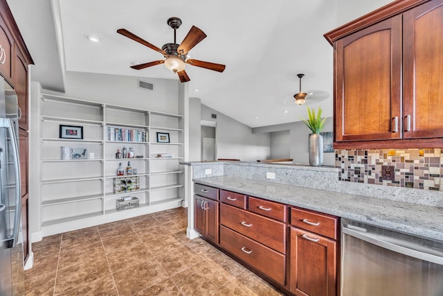 207 Kahana Ridge Dr Unit 132, Lahaina, HI 96761 - kitchen with dishwasher, ceiling fan, lofted ceiling, a peninsula, and light stone counters