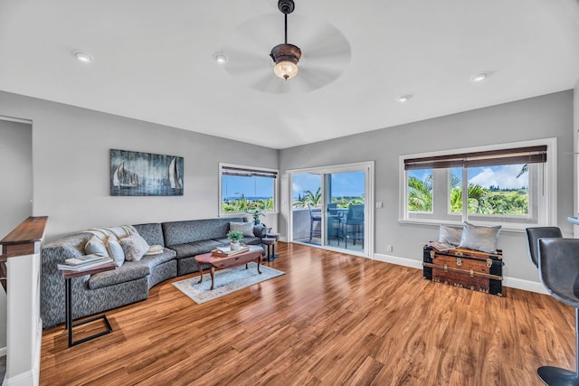 207 Kahana Ridge Dr Unit 132, Lahaina, HI 96761 - living area with a ceiling fan, wood finished floors, baseboards, and recessed lighting