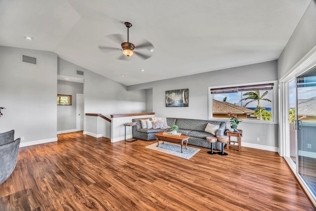 207 Kahana Ridge Dr Unit 132, Lahaina, HI 96761 - living room featuring a ceiling fan, lofted ceiling, wood finished floors, and baseboards