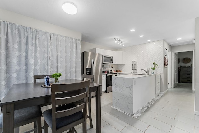 kitchen featuring a sink, tasteful backsplash, stainless steel appliances, a peninsula, and white cabinets