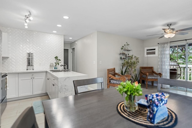 dining space featuring recessed lighting, a ceiling fan, and light tile patterned flooring