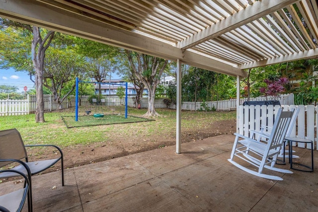 view of patio featuring a playground, a fenced backyard, and a pergola