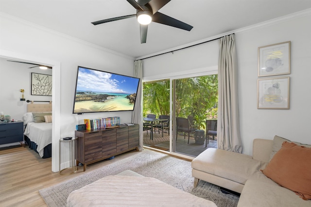 4435 Lower Honoapiilani Rd Unit 142, Lahaina, HI 96761 - bedroom featuring access to exterior, ornamental molding, wood finished floors, and a ceiling fan