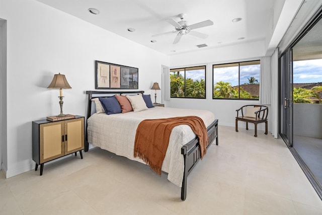 bedroom with access to exterior, a ceiling fan, and recessed lighting