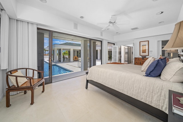 bedroom with access to outside, recessed lighting, and a ceiling fan