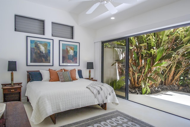 bedroom featuring access to outside, recessed lighting, and a ceiling fan