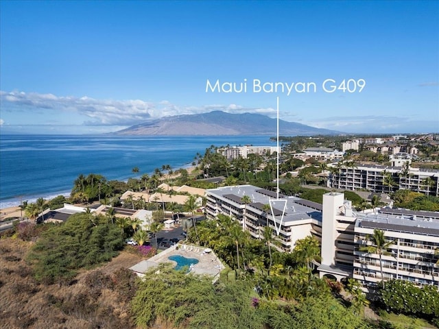 birds eye view of property with a water and mountain view