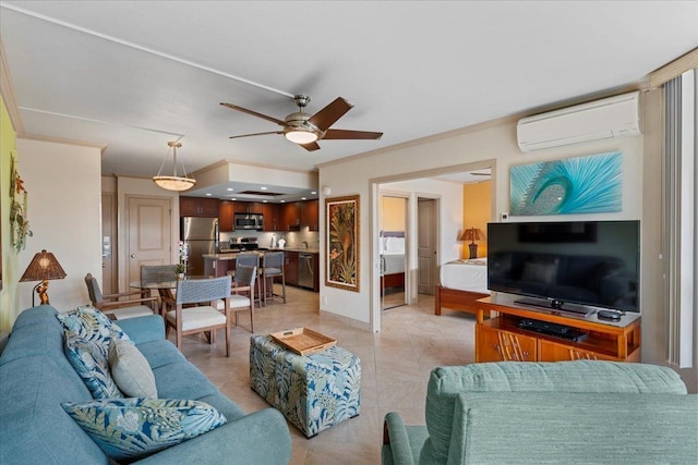 living room featuring light tile patterned floors, a wall mounted AC, ornamental molding, and ceiling fan