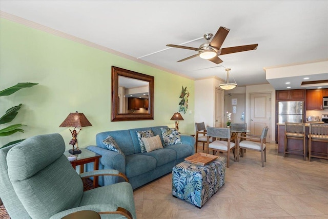 living room with ceiling fan