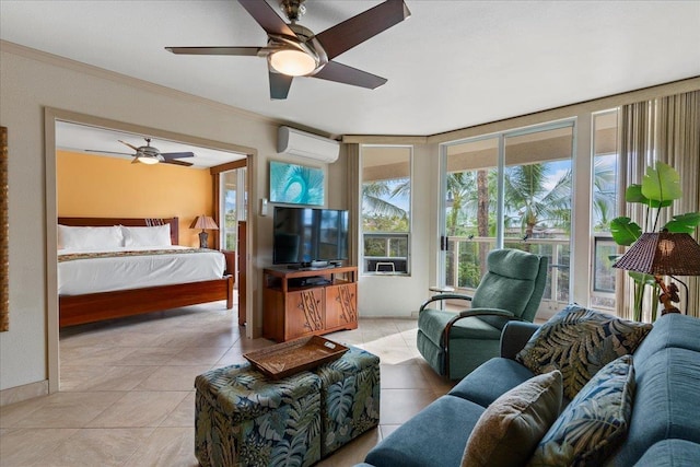 tiled living room with an AC wall unit, ceiling fan, and crown molding