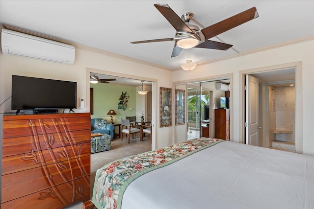 bedroom with light tile patterned floors, an AC wall unit, ceiling fan, and crown molding