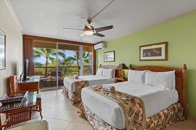 bedroom with access to outside, ceiling fan, ornamental molding, a wall mounted AC, and light tile patterned flooring