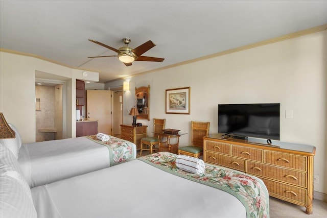 bedroom with ceiling fan and ornamental molding