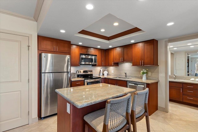 kitchen with sink, stainless steel appliances, a raised ceiling, a kitchen island, and ornamental molding