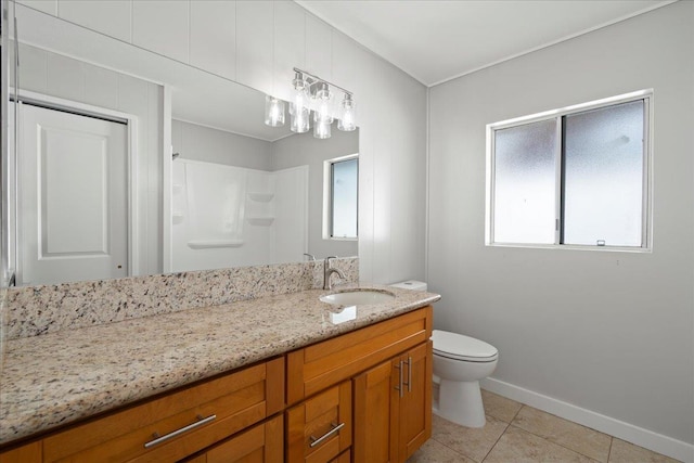 185 Hololani St, Pukalani, HI 96768 - bathroom featuring vanity, baseboards, toilet, a shower, and tile patterned flooring