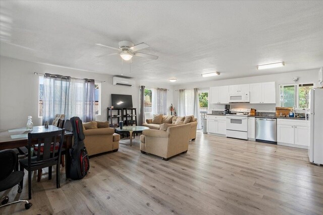 living area featuring light wood-style floors, a wall mounted air conditioner, and a healthy amount of sunlight