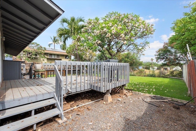 wooden deck with a lawn and fence
