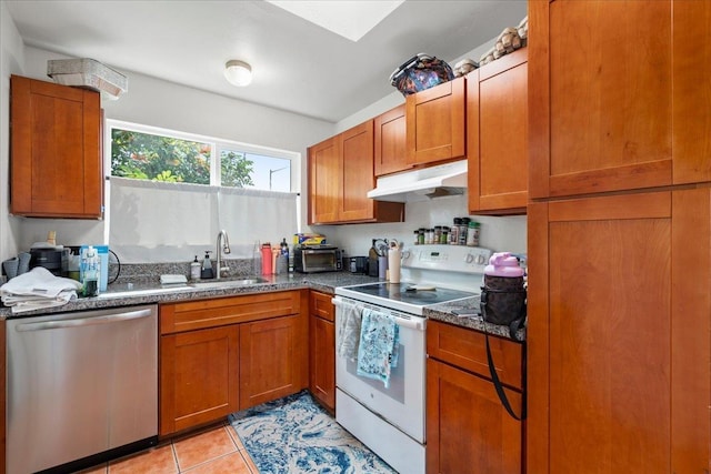 kitchen with brown cabinetry, electric stove, under cabinet range hood, a sink, and dishwasher