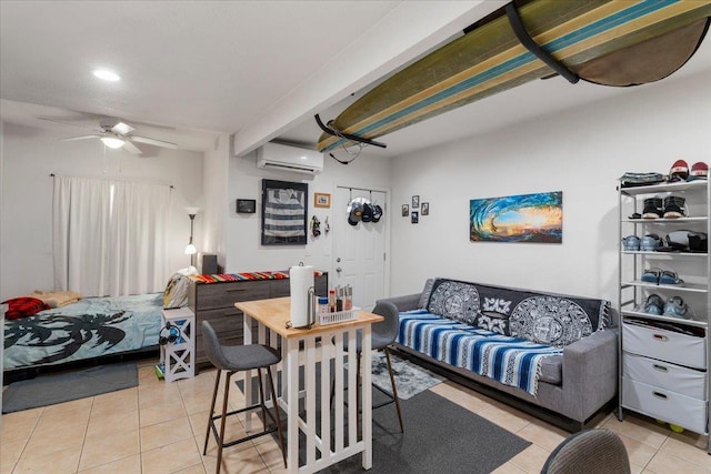 living room featuring an AC wall unit, a ceiling fan, recessed lighting, and light tile patterned floors