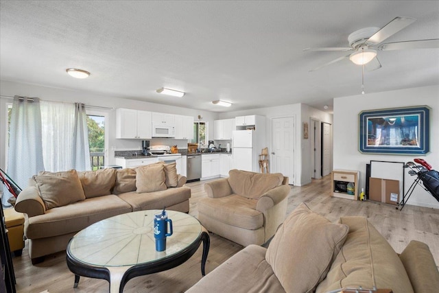 living room with a ceiling fan, a healthy amount of sunlight, and light wood-style floors