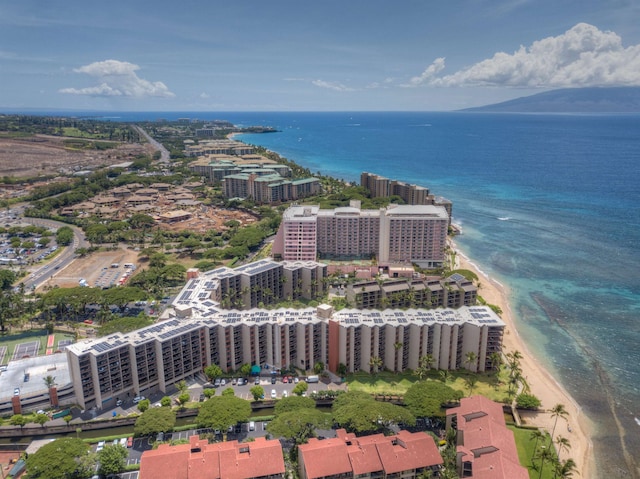 aerial view featuring a view of the beach and a water view