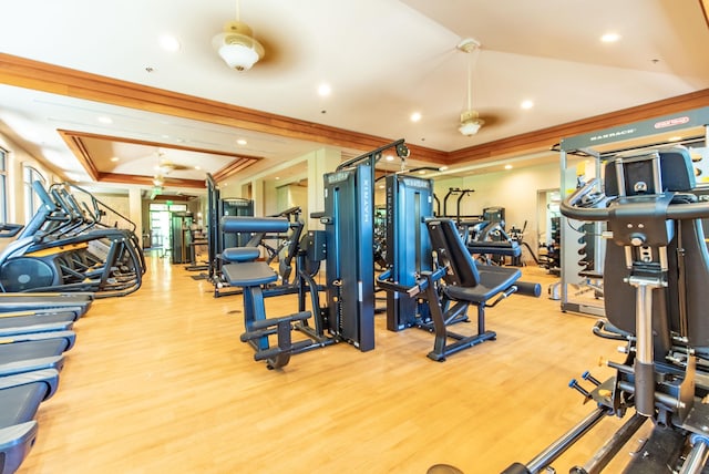 50 Nohea Kai Dr Unit 2-1106, Lahaina, HI 96761 - gym with a tray ceiling, wood finished floors, crown molding, and recessed lighting