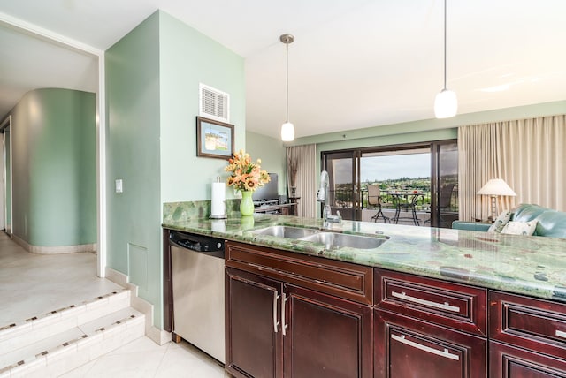 50 Nohea Kai Dr Unit 2-1106, Lahaina, HI 96761 - kitchen with stainless steel dishwasher, a sink, dark brown cabinets, light stone counters, and decorative light fixtures